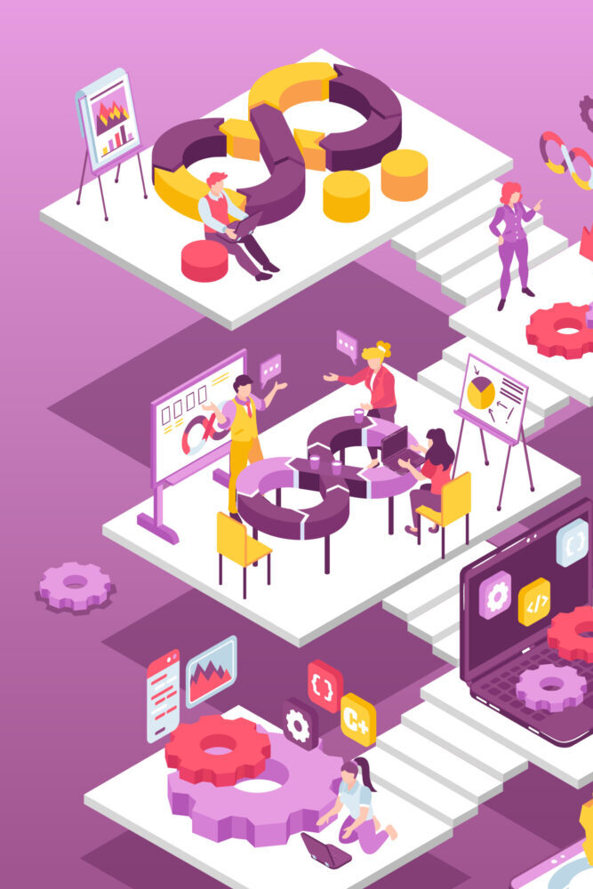 Devops engineers developers programmers working on computer in team and alone vertical isometric 3d vector illustration